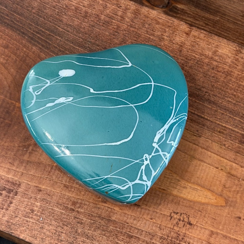Vintage Mid Century Teal Ceramic Trinket Box Lidded Freeform Abstract Drip Glaze